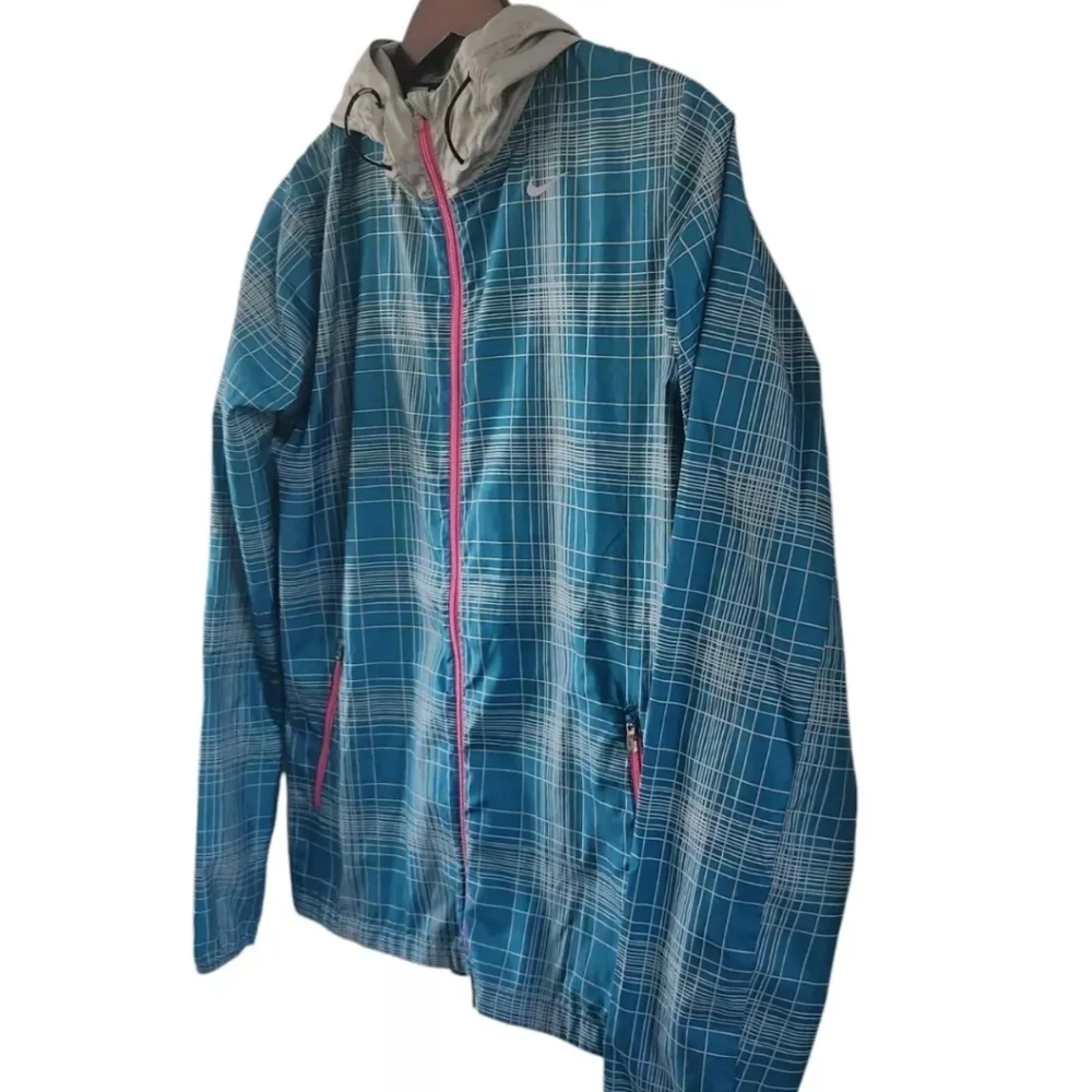NIKE Plaid Phenom Vapor Hooded Windbreaker Running Jacket Blue Women Sz Small - Picture 4 of 7